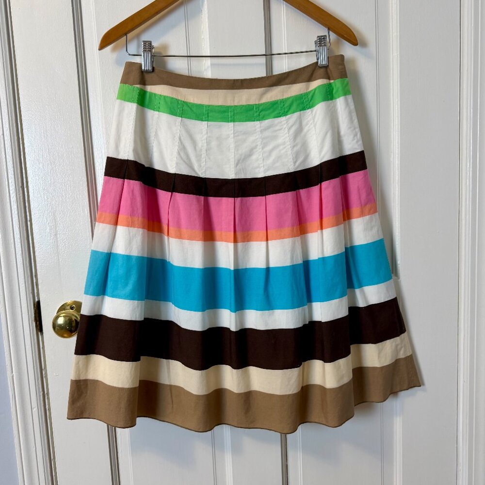 Talbots Lined Vibrant Multicolor Striped 100% Cotton Pleated A-Line Skirt, PL